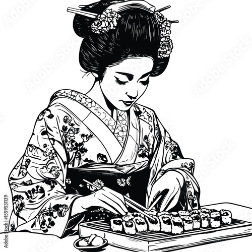 Elegant Geisha Vector Art: Sushi Dinner, Ink Style Illustration