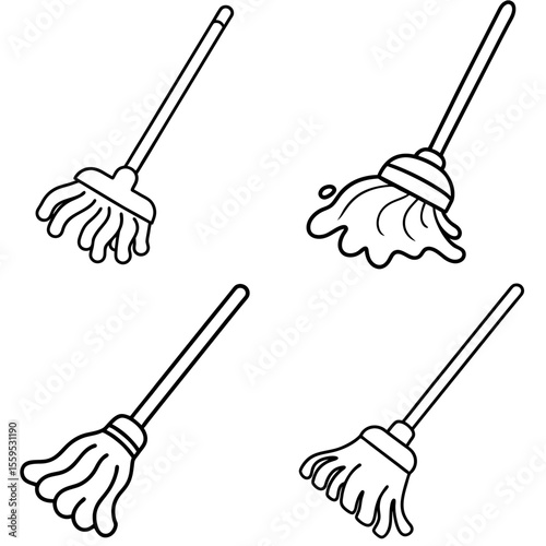 Wet Cartoon Mop Icon – Bright Neon Colors Line Art, Outline Vector Illustration