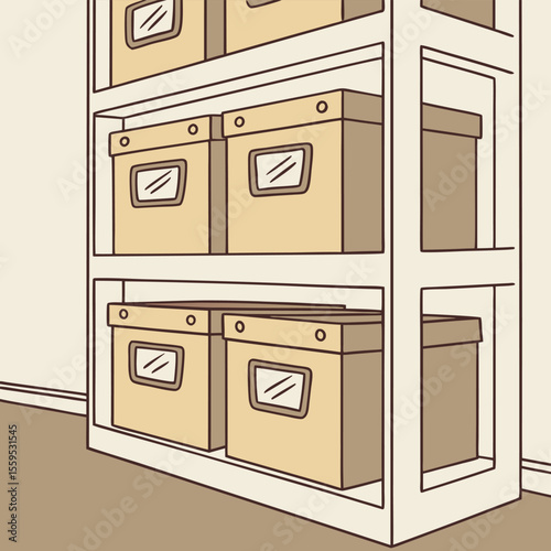A simple cartoon illustration of a white shelving unit filled with beige storage boxes on multiple levels organized for efficient space utilization