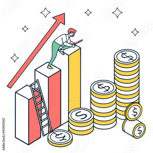 A determined person climbs a ladder to reach the top of a growing bar chart symbolizing financial success and upward economic progress with stacks of coins