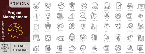 Project Management Line Icons: Planning, Tasks, Team and Business Success Vectors. Editable Stroke