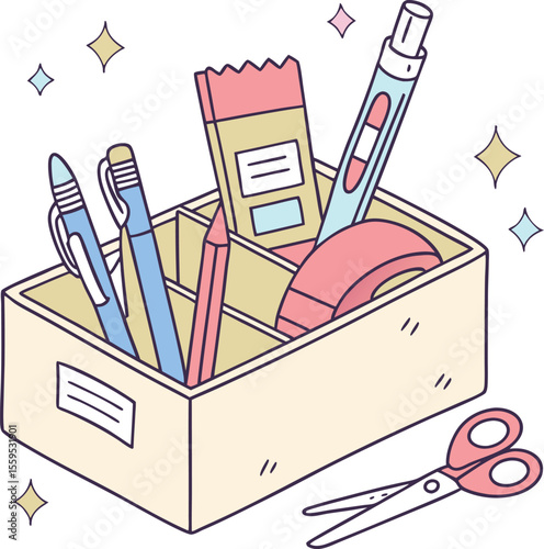 A cute and colorful illustration of a desk organizer filled with pens pencils an eraser and tape with scissors nearby surrounded by sparkling stars