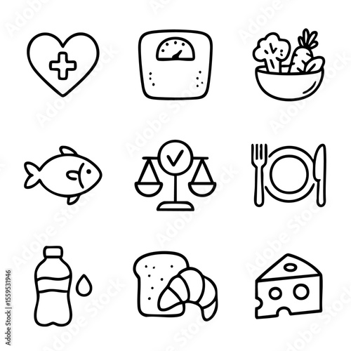 A set of doodle line icons illustrating healthy eating habits, balanced diet, food choices, nutrition, and wellness for better health