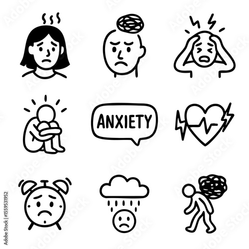 A set of doodle line icons representing anxiety symptoms, emotional stress, mental health issues, and psychological distress