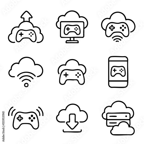 A set of doodle line icons representing cloud gaming, game streaming, wireless play, online services, downloads, and mobile game access