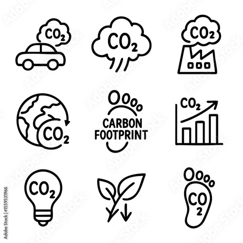 A set of doodle line icons illustrating carbon footprint, CO2 emissions, pollution sources, and environmental impact on climate and sustainability