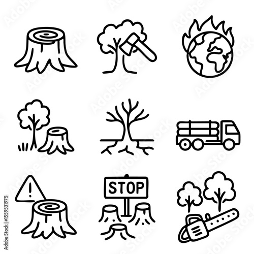 A set of doodle line icons illustrating deforestation, illegal logging, environmental destruction, tree cutting, global warming, and forest loss