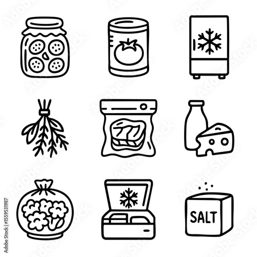 A set of doodle line icons showing food preservation techniques including freezing, canning, drying, salting, and vacuum sealing