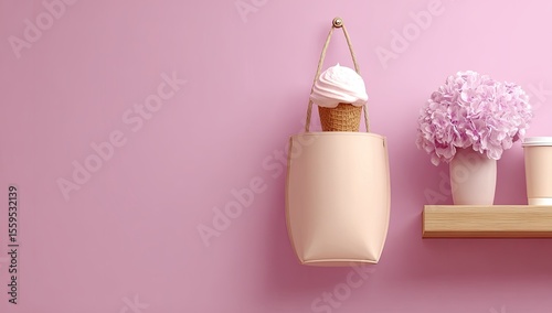 Pastel pink aesthetic with ice cream and bag