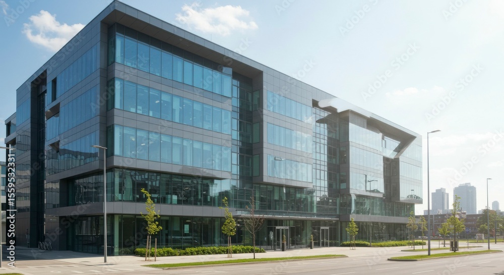 Obraz premium Modern glass office building, sleek design, sunny day. Landscaped grounds, city skyline visible