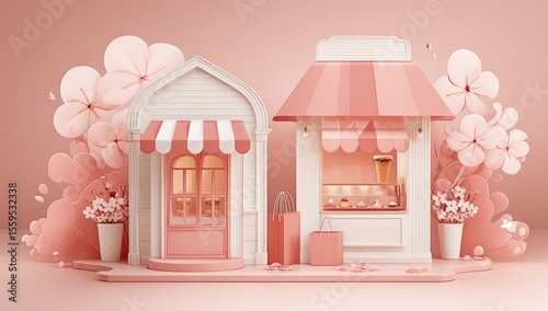 Pastel-toned shops, cherry blossoms, and a whimsical scene