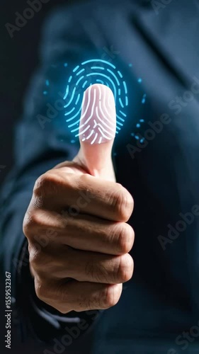 Fingerprint scan security with digital light effect on hand in jacket for biometric access authentication and data encryption.