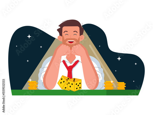 Man is happy because he won gambling at the casino with a lot of money. Las Vegas illustration. Vector flat illustration.