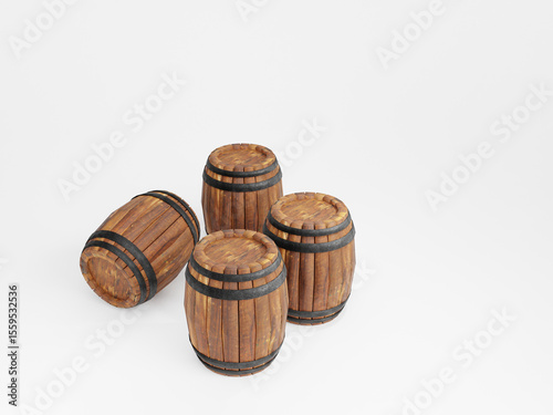 Four wooden barrels, standing upright and lying down, isolated on white background. 3D Rendering image.