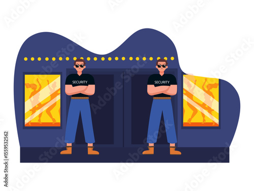 Security man wearing glasses standing in front of the entrance of a night club. Las Vegas illustration. Vector flat illustration.