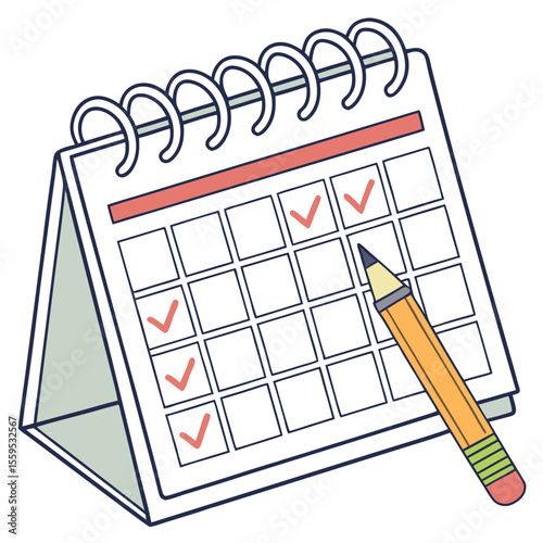 A desk calendar with a spiral binding is shown with several days marked with red checkmarks and a yellow pencil poised to mark another day