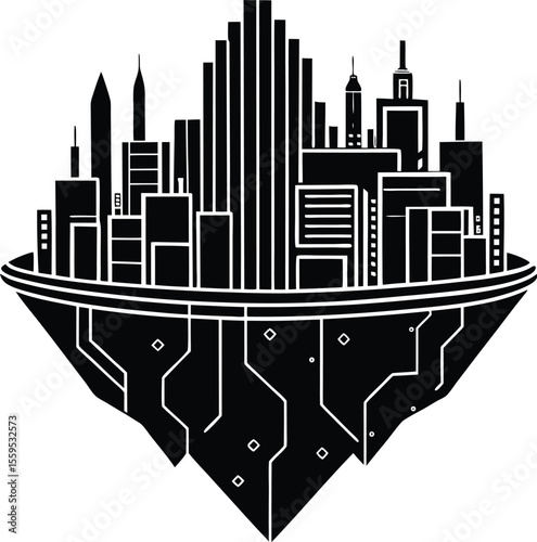 Floating Cyber City Vector Silhouette

