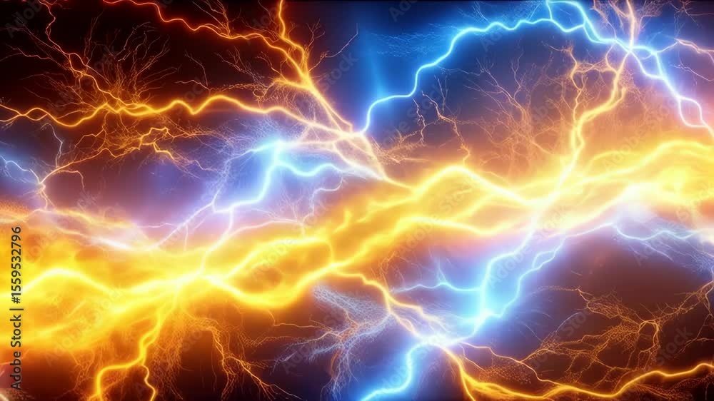 Striking visual of opposing orange and blue electrical discharges, abstract lightning bolts, energy surge