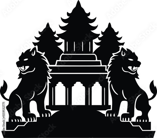 Asian Temple with Lions Vector Silhouette

