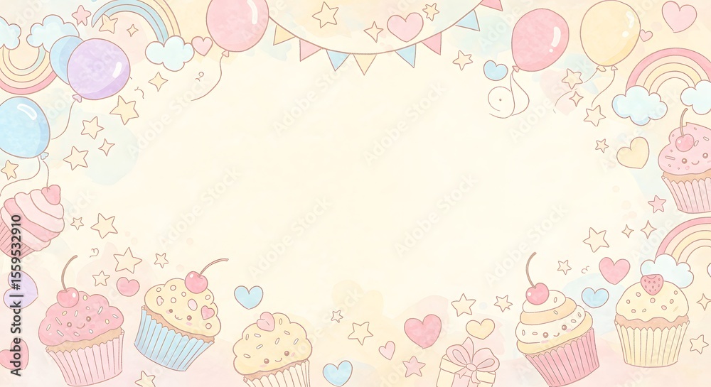 Fototapeta premium Sweet pink invitation card with a cupcakes , star, ballon elements illustration