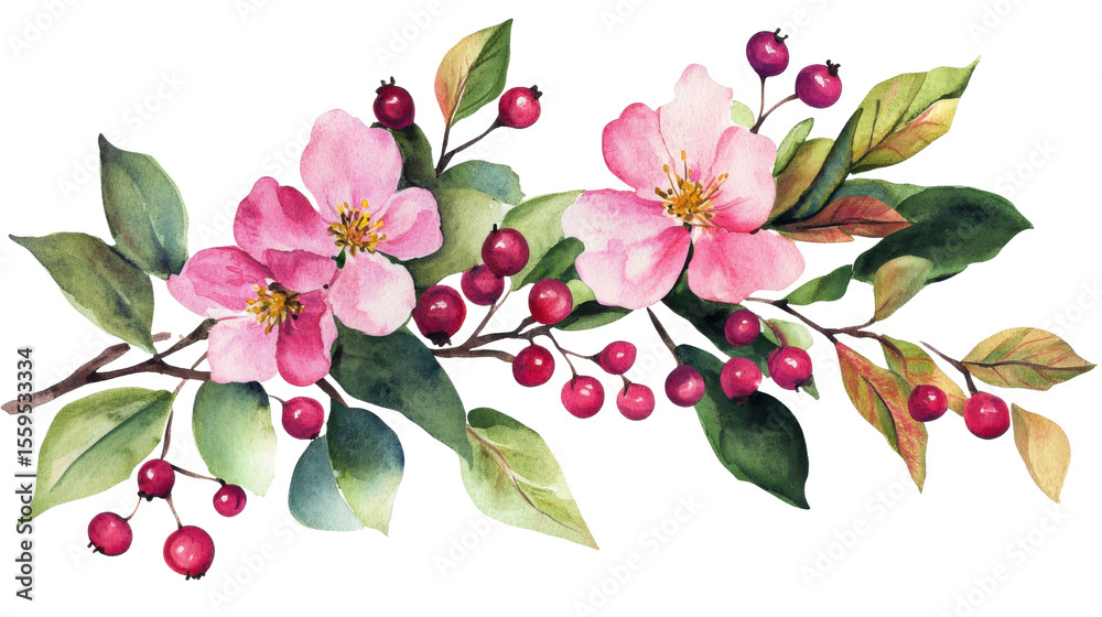 Fototapeta premium watercolor floral bouquet featuring pink flowers and red fruits on white background