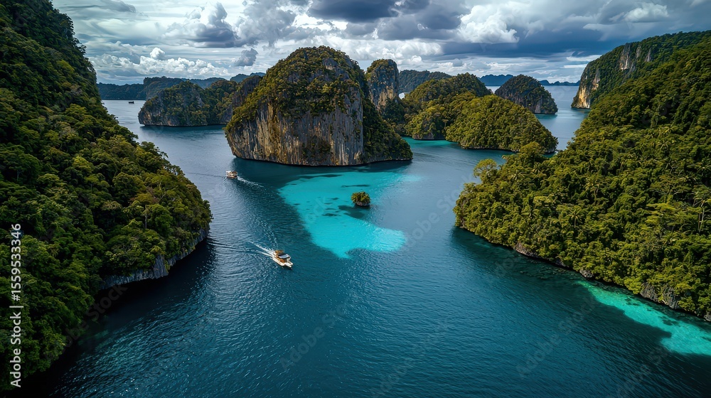 Fototapeta premium Adventure on serene waters exploring scenic islands in raja ampat indonesia aerial view nature's beauty