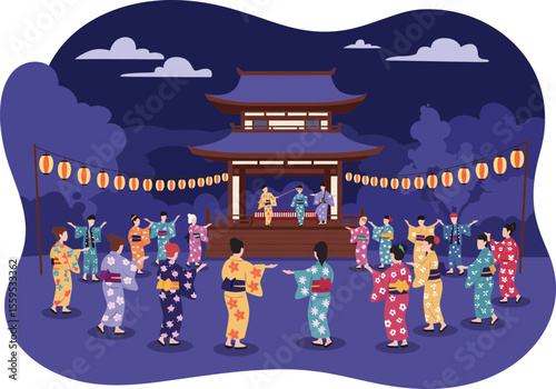 People in yukatas performing Bon Odori dance at a Japanese Obon summer festival.