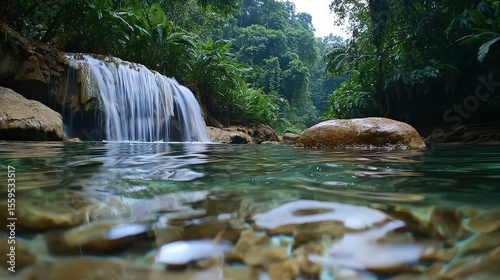 Cascading waterfall adventure tropical rainforest nature photography serene environment low angle view natural beauty