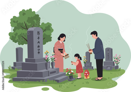Japanese family visiting a grave to honor ancestors during Obon (Ohaka-mairi).