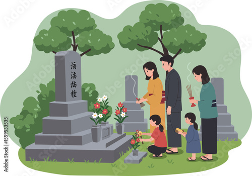 Japanese family visiting a grave to honor ancestors during Obon (Ohaka-mairi).