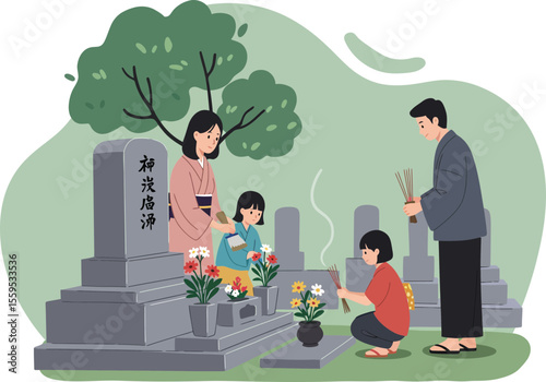 Japanese family visiting a grave to honor ancestors during Obon (Ohaka-mairi).