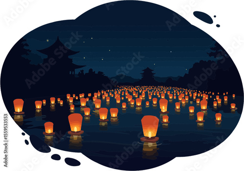 Floating paper lanterns on a river during Toro Nagashi ritual at Obon festival.