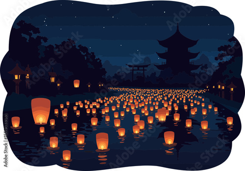 Floating paper lanterns on a river during Toro Nagashi ritual at Obon festival.