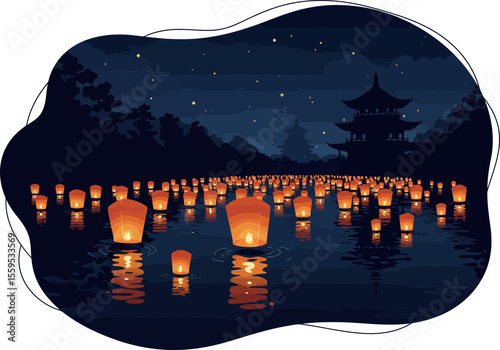 Floating paper lanterns on a river during Toro Nagashi ritual at Obon festival.