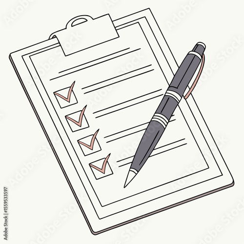 A detailed illustration of a clipboard with a checklist and a pen featuring four completed tasks marked with pink checkmarks and empty lines for more entries