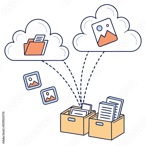 Conceptual illustration of digital data transfer and storage showing files and images moving from cloud storage to physical storage boxes