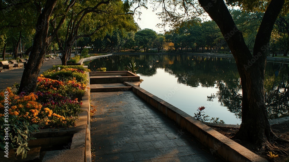 Fototapeta premium Tranquil morning stroll along the lakeside path urban park scenic view natural beauty serene atmosphere