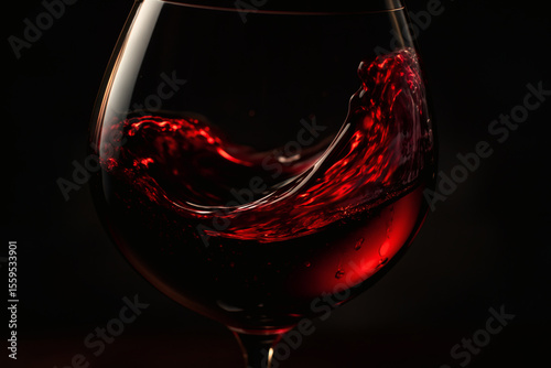 Elegant Red Wine Swirl in Glass on Black Background, Macro Wine Photography