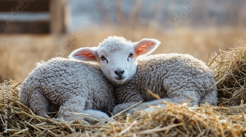 Two tender lambs nestled together in a sun-drenched hay cradle