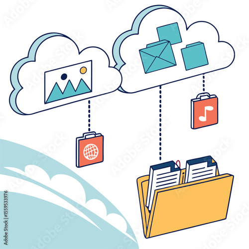 Conceptual illustration of cloud storage and data transfer showcasing images emails music and files being accessed and organized digitally