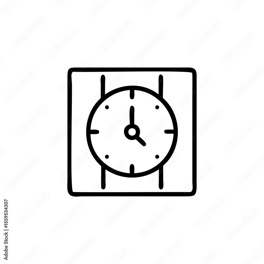 Handdrawn clock inside a square frame with two vertical lines time watch