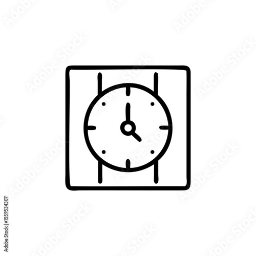 Handdrawn clock inside a square frame with two vertical lines time watch