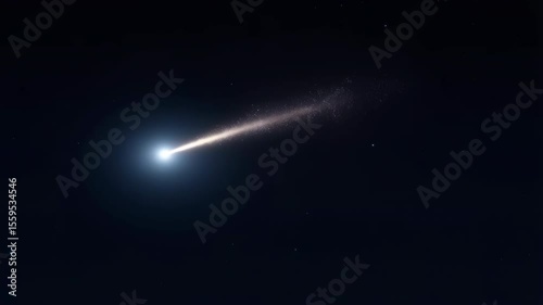Bright comet traveling through dark space with trail of particles