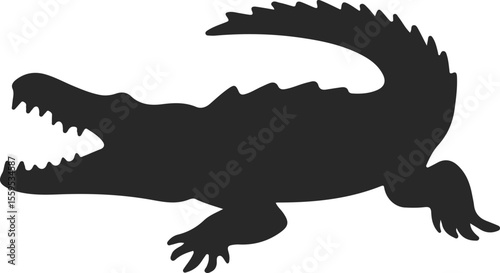 Silhouette of an alligator with its mouth open and sharp teeth visible