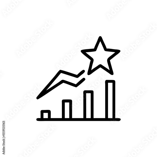 Line art of a rising bar graph with a star symbol a zig-zag line on background chart