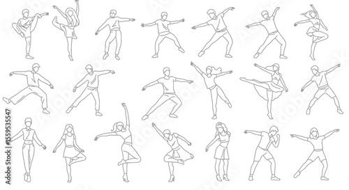 Vector art of a collection of line drawings of dancers isolated on white background
