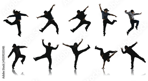 Vector art of silhouettes of dancers in dynamic poses isolated on white background