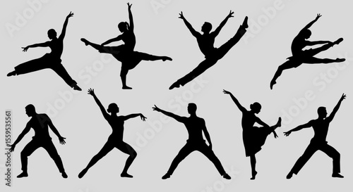 Vector art of silhouettes of dancers strike dynamic poses against a gray backdrop