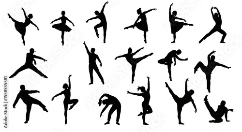 Vector art of dynamic silhouettes of dancers in various poses isolated on white