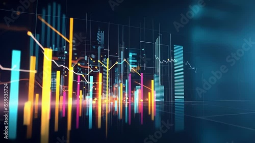An abstract city skyline where buildings morph into graphs and charts reflecting the rise of entrepreneurial ventures and their contributions to urban development.
